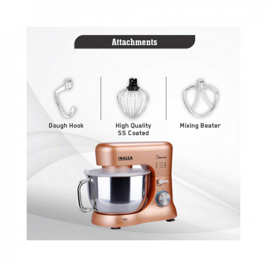 INALSA Stand Mixer Kratos-1000W  100 Pure Copper Motor 5L SS Bowl 8 Speed Control