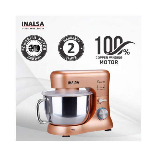INALSA Stand Mixer Kratos-1000W  100 Pure Copper Motor 5L SS Bowl 8 Speed Control