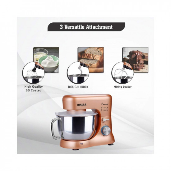 INALSA Stand Mixer Kratos-1000W  100 Pure Copper Motor 5L SS Bowl 8 Speed Control