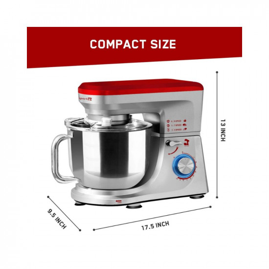 INALSA Stand Mixer Professional Esperto-1400W  100 Pure Copper Motor 6L SS Bowl Includes Whisking Cone Mixing Beater  Dough Hook SilverRed