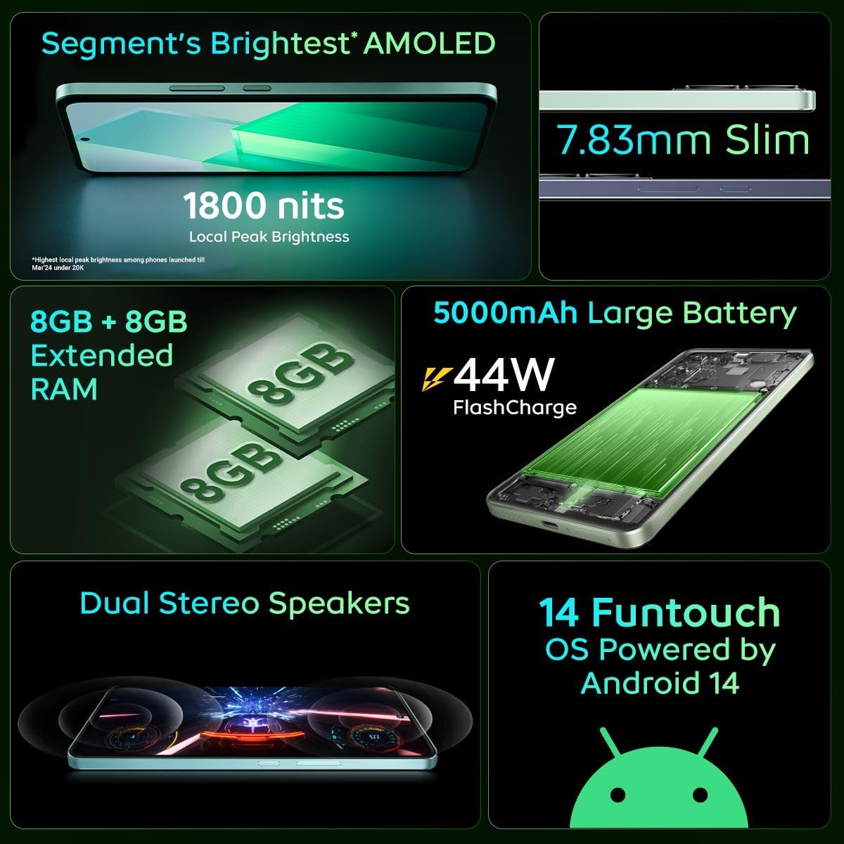 iQOO Z9 5G Brushed Green 8GB RAM 256GB Storage  Dimensity 7200 5G Processor  Sony IMX882 OIS Camera  120Hz AMOLED with 1800 nits Local Peak Brightness  44W Charger in The Box