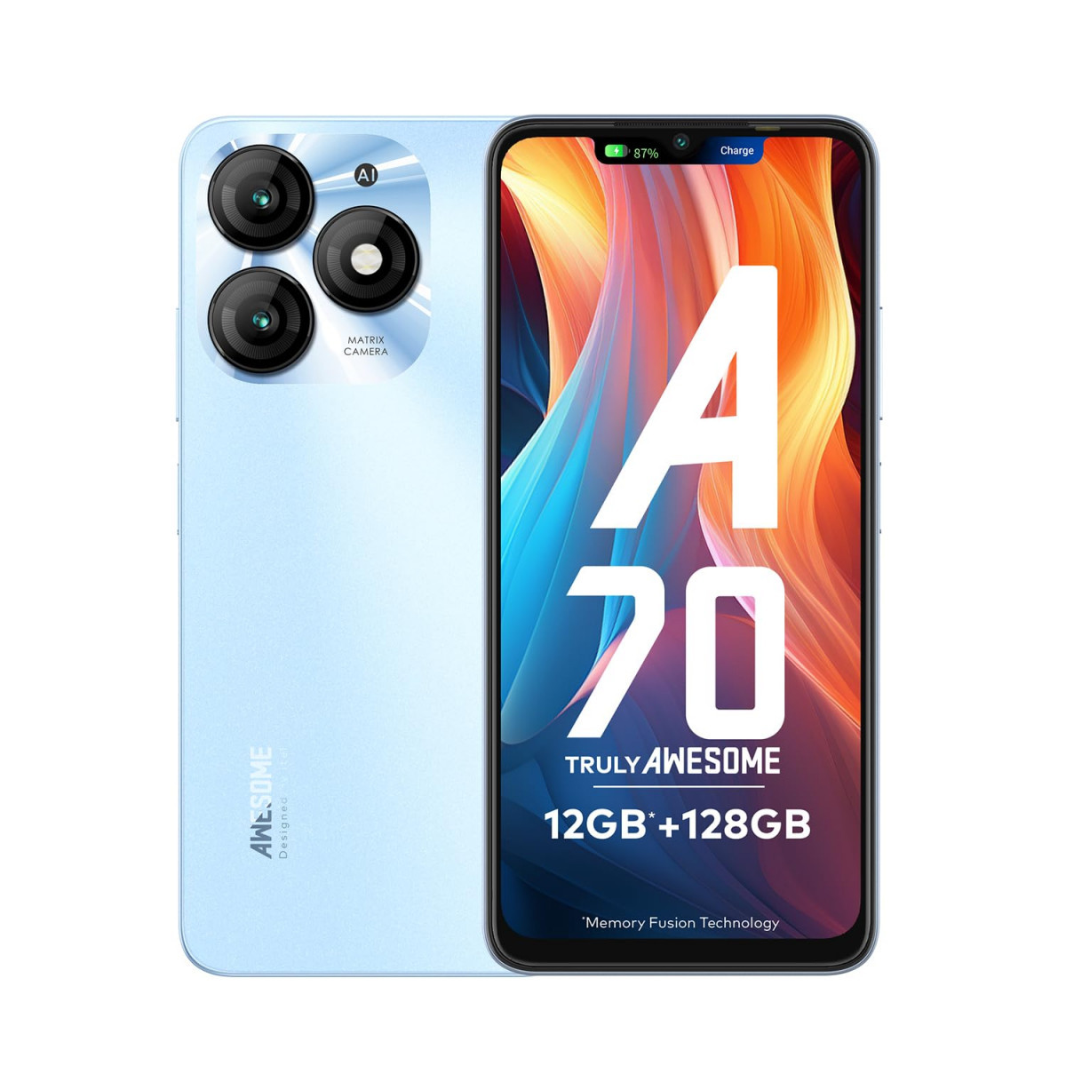 itel A70 4GB RAM 128GB ROM Upto 12GB RAM with Memory Fusion  13MP Dual Rear Camera  8MP Front Camera  5000mAh with Type-C  Dynamic Bar  Side Fingerprint  Octa-Core Processor  Azure Blue