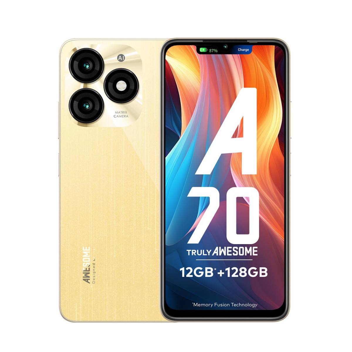 itel A70 4GB RAM 128GB ROM Upto 12GB RAM with Memory Fusion  13MP Dual Rear Camera  8MP Front Camera  5000mAh with Type-C  Dynamic Bar  Side Fingerprint  Octa-Core Processor  Brilliant Gold