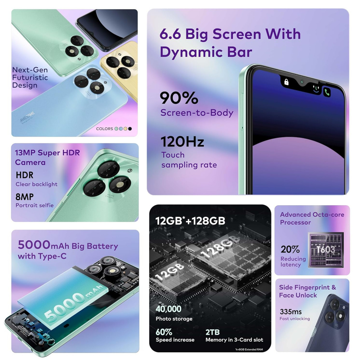 itel A70 4GB RAM 128GB ROM Upto 12GB RAM with Memory Fusion  13MP Dual Rear Camera  8MP Front Camera  5000mAh with Type-C  Dynamic Bar  Side Fingerprint  Octa-Core Processor  Brilliant Gold