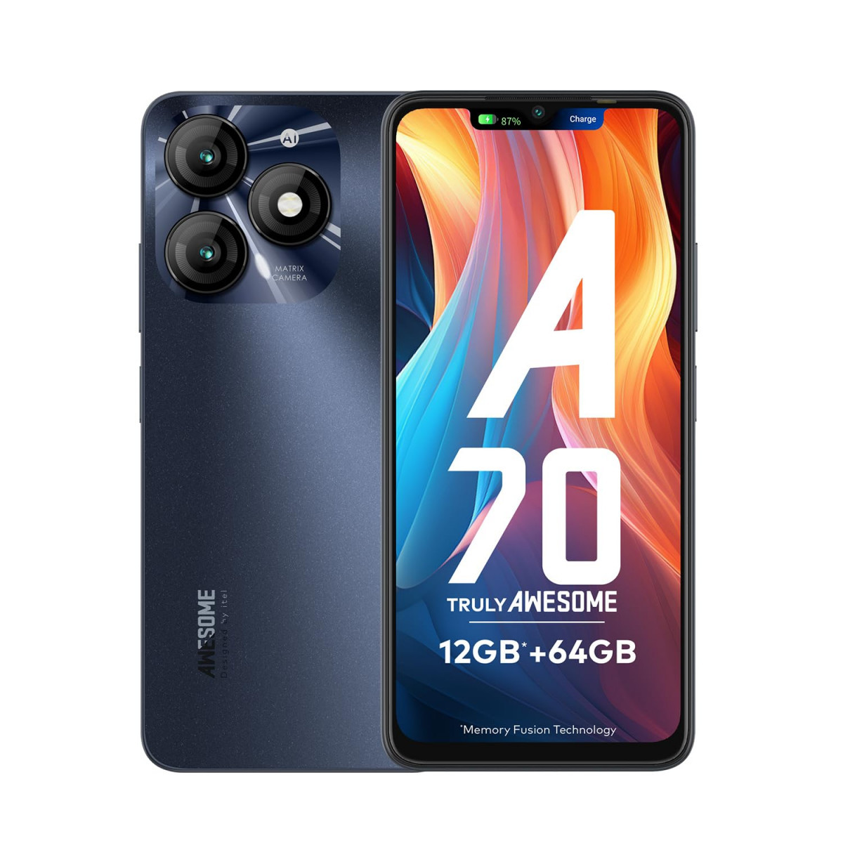 itel A70 4GB RAM 64GB ROM Upto 12GB RAM with Memory Fusion  13MP Dual Rear Camera  8MP Front Camera  5000mAh with Type-C  Dynamic Bar  Side Fingerprint  Octa-Core Processor  Starlish Black
