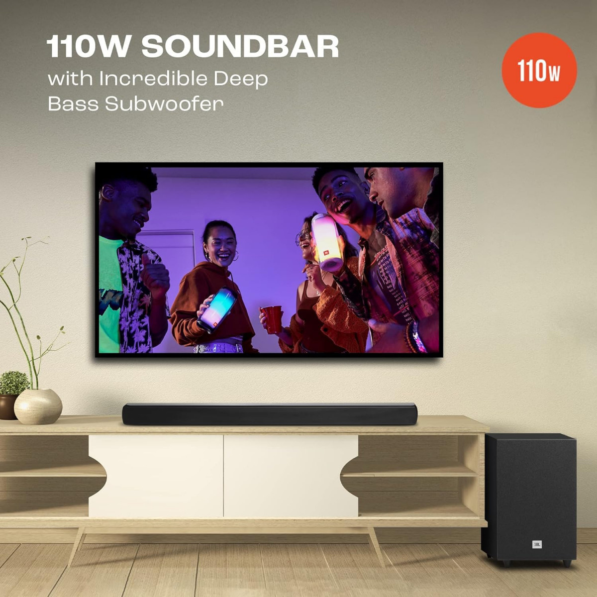 JBL Cinema SB140 Dolby Digital Soundbar with Wired Subwoofer for Extra Deep Bass 21 Channel Home Theatre with Remote HDMI ARC Bluetooth  Optical Connectivity 110W