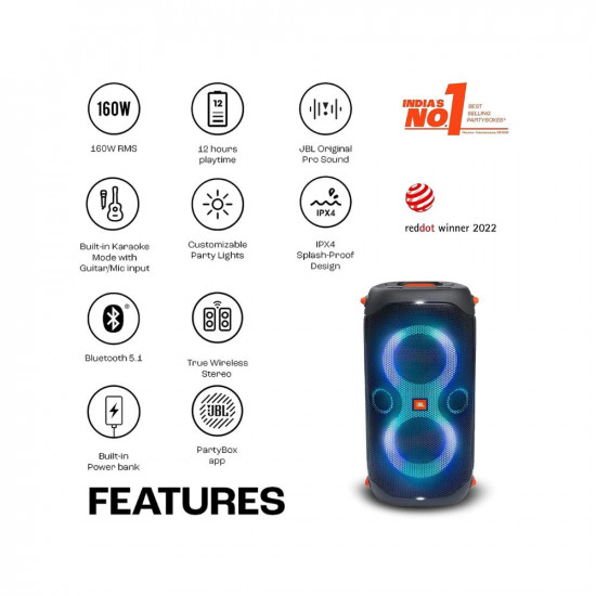 JBL Partybox 110  Wireless Bluetooth Party Speaker  160W Monstrous Pro Sound  Dynamic Light Show  Upto 12Hrs Playtime  Built-in Powerbank  Guitar  Mic Support PartyBox App Black
