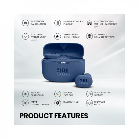 JBL Tune 130NC True Wireless in Ear Earbuds |ANC Earbuds (Upto 40dB) APP - Adjust EQ for Extra Bass | Massive 40Hrs Playtime | Legendary Sound | 4Mics for Clear Calls | BT 5.2 (Blue)