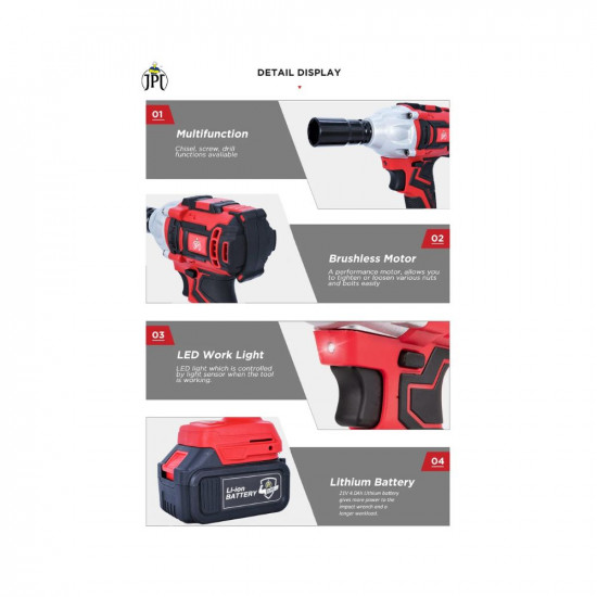 JPT Heavy Duty 21V Cordless Impact Wrench with 2 Batteries, Hex end