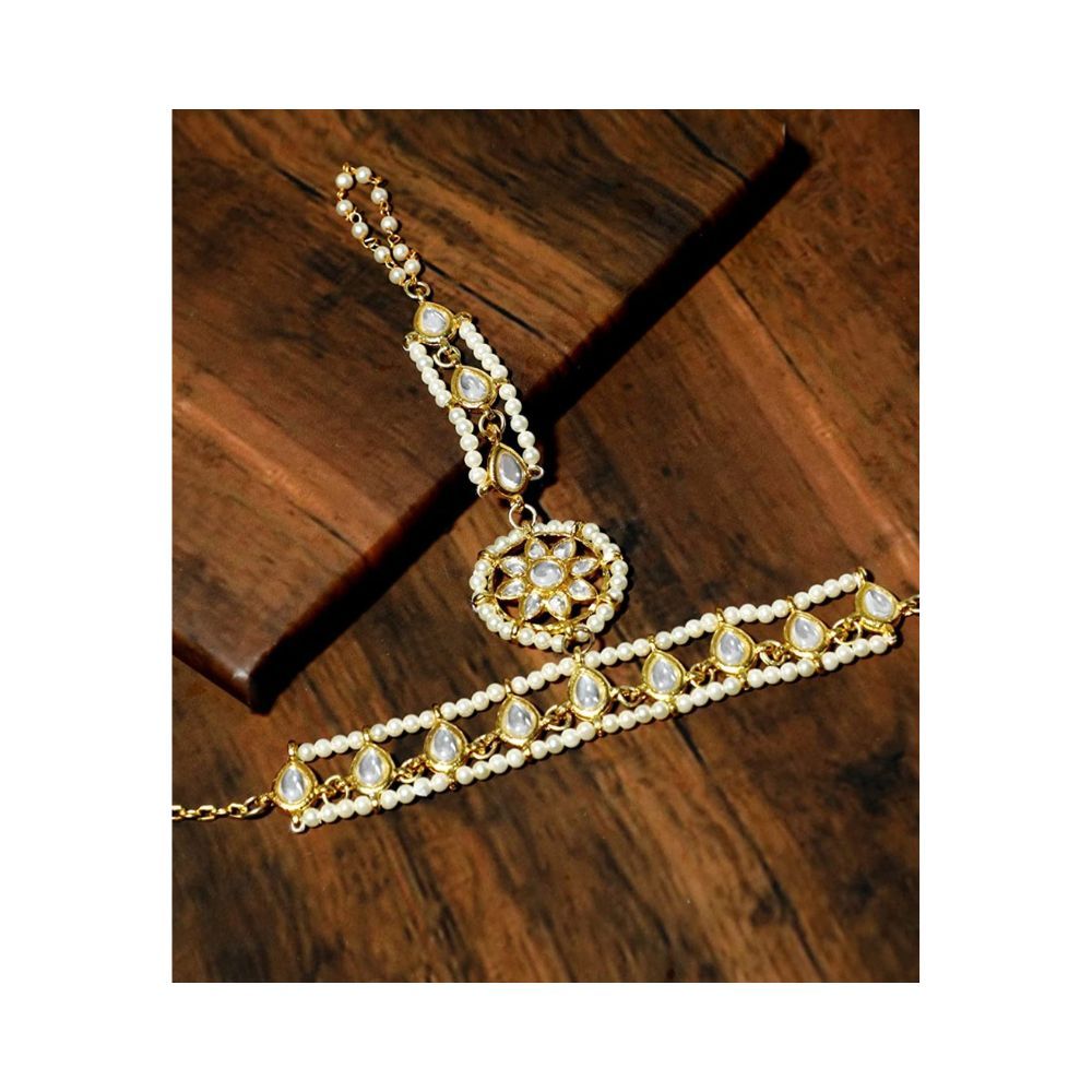 Karatcart Gold-Plated Kundan Pearl Chain Hathphool