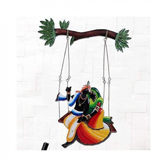 Karigaari Radha and Krishna Riding on Jhul Iron Religious Wall Hanging, Green & Red, 15 Cm x 10 Cm x 12 Cm
