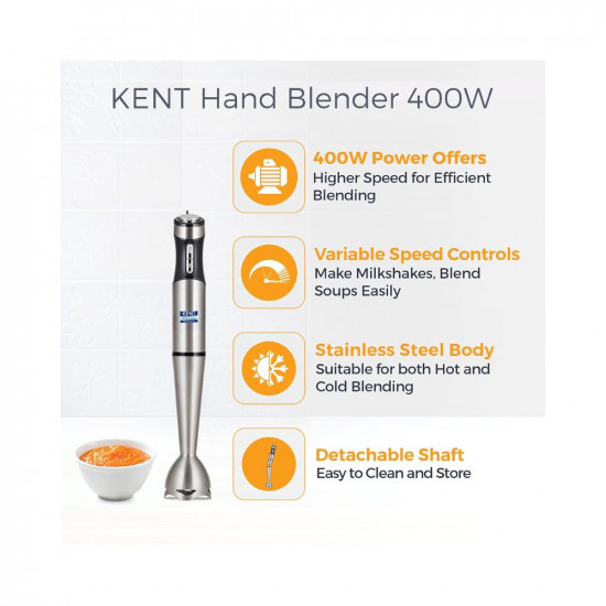 KENT 16044 Hand Blender Stainless Steel 400 W | Variable Speed Control | Easy to Clean and Store | Low Noise Operation