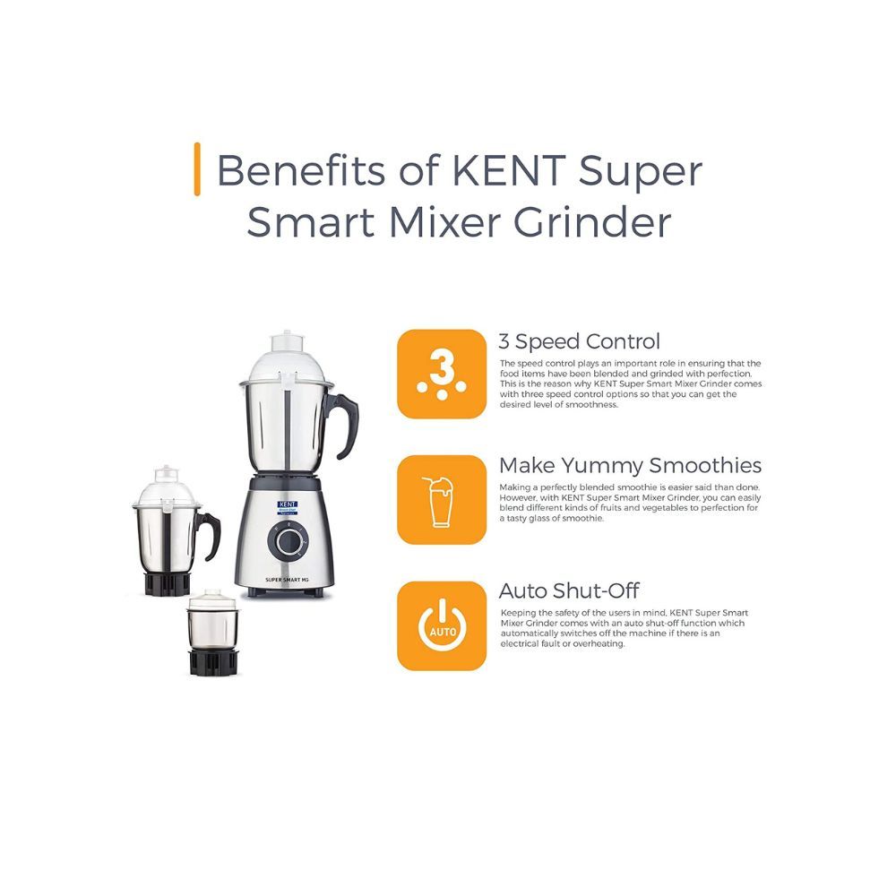 Kent 16061 800W 3 Speed Control Super Smart Mixer Grinder (Silver)