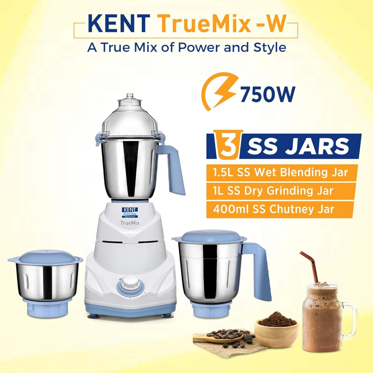 KENT 16064 TrueMix-W 750W  Pulse Function  Auto Shut-Off  3 Stainless Steel Jars for Blending Grinding  Making Chutney