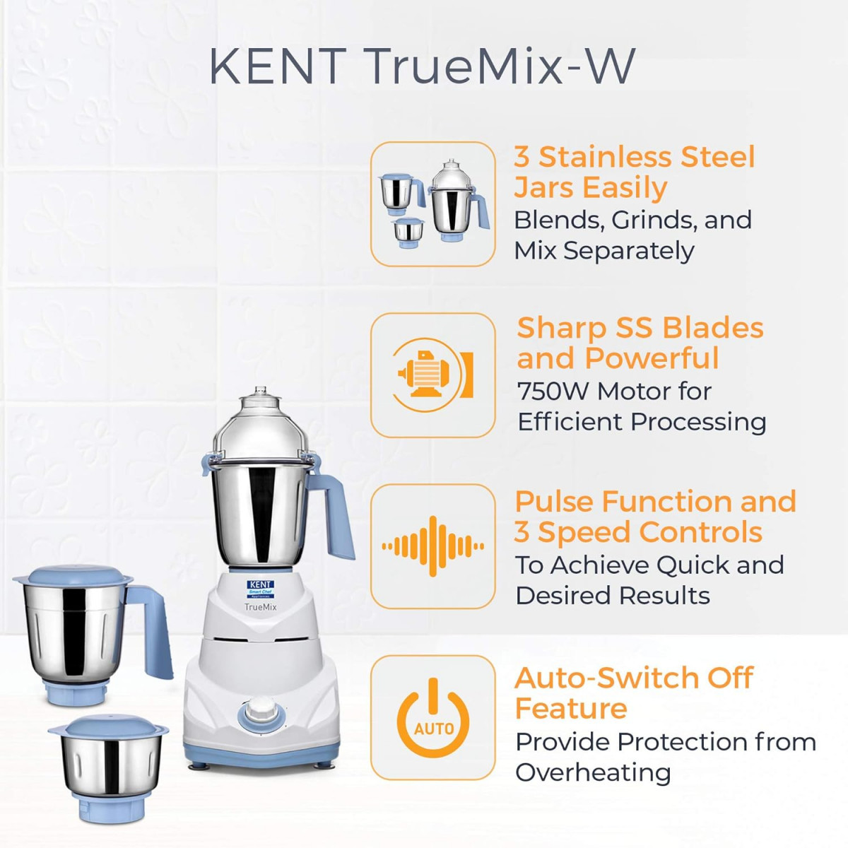 KENT 16064 TrueMix-W 750W | Pulse Function | Auto Shut-Off | 3 Stainless Steel Jars for Blending, Grinding, & Making Chutney