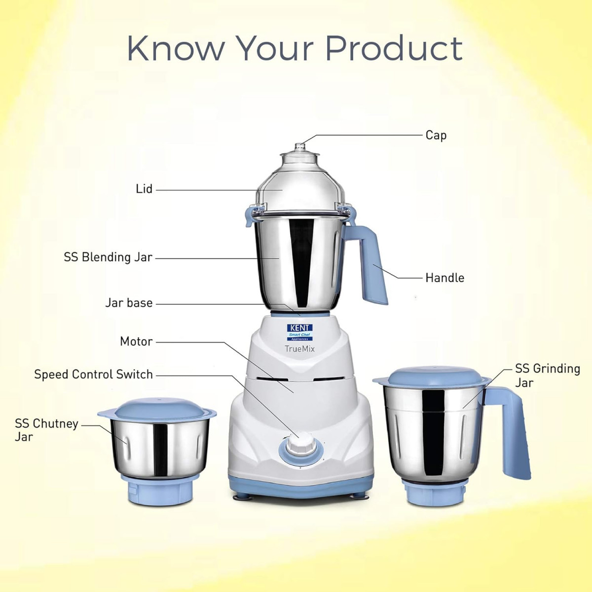 KENT 16064 TrueMix-W 750W  Pulse Function  Auto Shut-Off  3 Stainless Steel Jars for Blending Grinding  Making Chutney