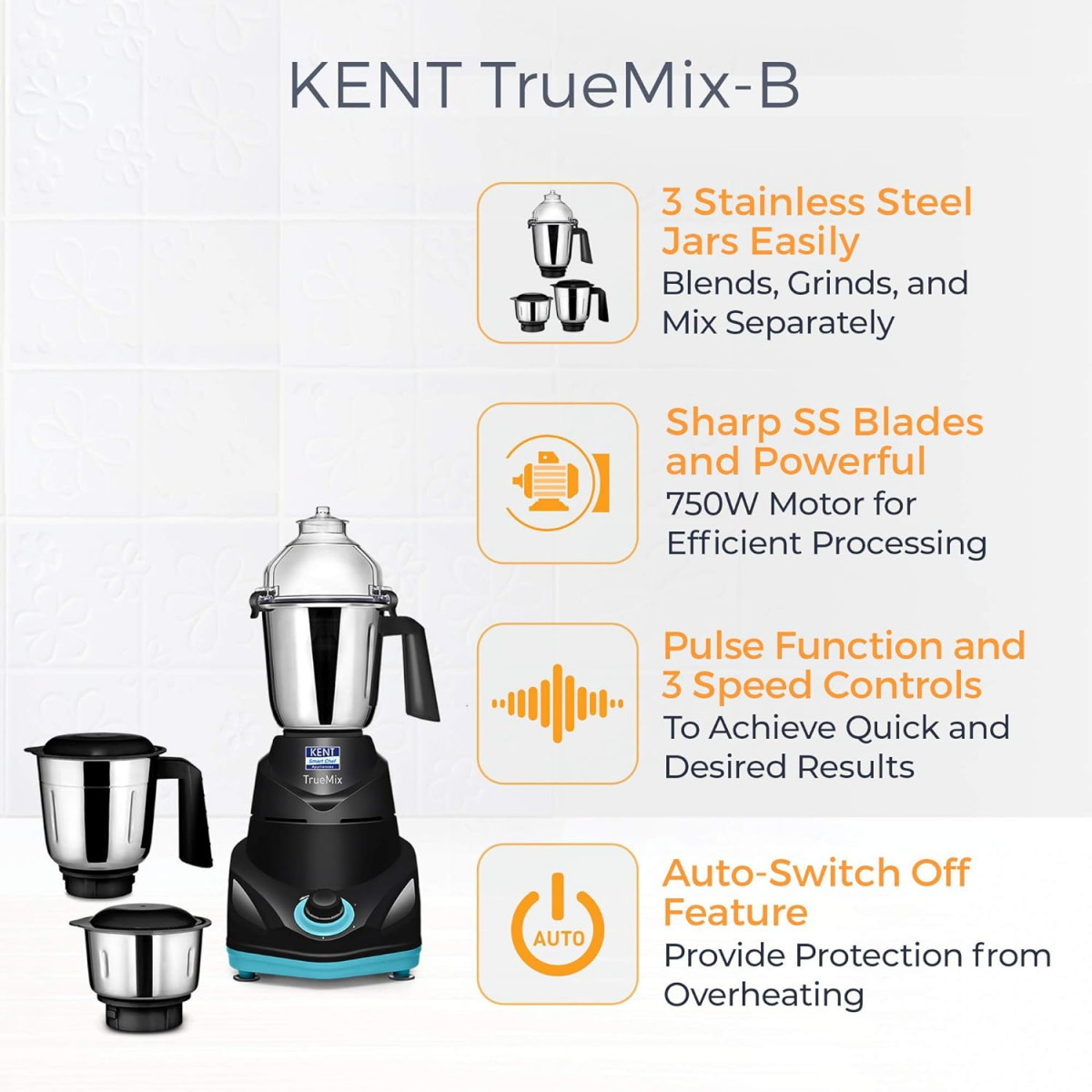 KENT 16065 TrueMix-B 750W | Pulse Function | Auto Shut-Off | 3 Stainless Steel Jars for Blending, Grinding, & Making Chutney