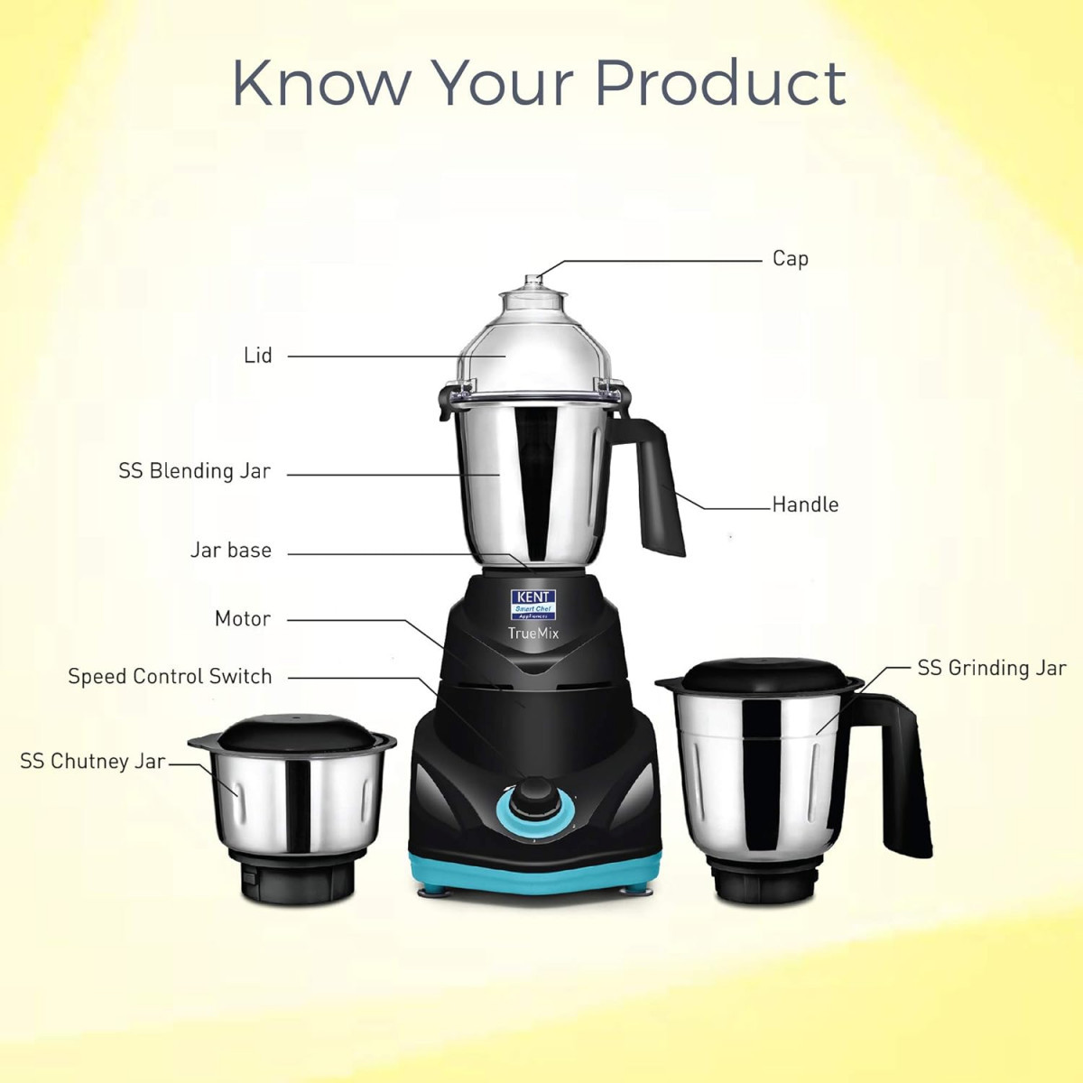 KENT 16065 TrueMix-B 750W  Pulse Function  Auto Shut-Off  3 Stainless Steel Jars for Blending Grinding  Making Chutney