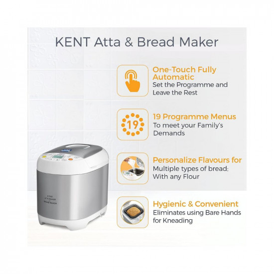 Kent Atta and Bread Maker for Home, Fully Automatic With 19 Pre-set Menu, 550w 16010 (Steel Grey)