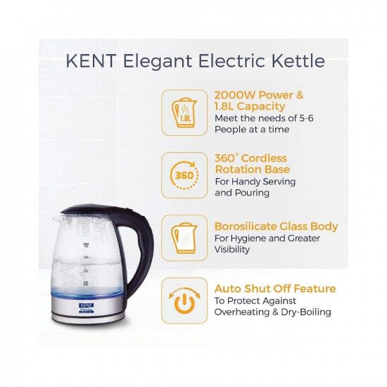 KENT Elegant Electric Glass Kettle (16052), 1.8L, Stainless Steel Heating Plate, Borosilicate Glass Body, Boil Drying Protection