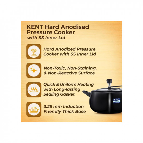 KENT Hard Anodised 5 Litre Pressure Cooker with SS Inner Lid  325 mm Thick Base  Non Reactive Non Toxic  Non Staining Food Grade Surface  Long Lasting Sealing Gasket  Induction Friendly  Black