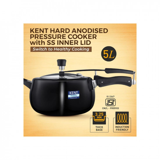 KENT Hard Anodised 5 Litre Pressure Cooker with SS Inner Lid  325 mm Thick Base  Non Reactive Non Toxic  Non Staining Food Grade Surface  Long Lasting Sealing Gasket  Induction Friendly  Black