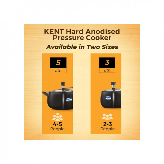 KENT Hard Anodised 5 Litre Pressure Cooker with SS Inner Lid  325 mm Thick Base  Non Reactive Non Toxic  Non Staining Food Grade Surface  Long Lasting Sealing Gasket  Induction Friendly  Black
