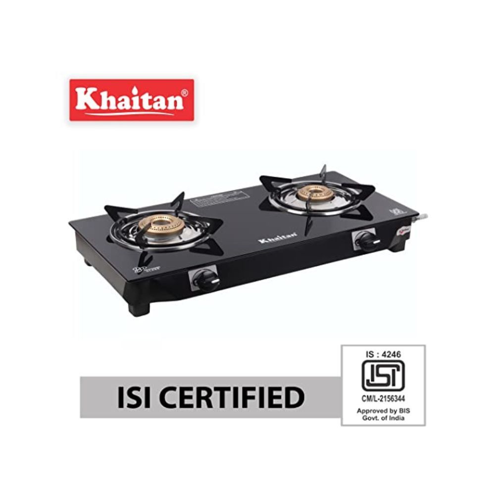 Khaitan 2 Burner BP-Nano MS Black Toughened Glass Manual Ignition LPG Gas Stove with 1 Year Warranty (ISI Approved)