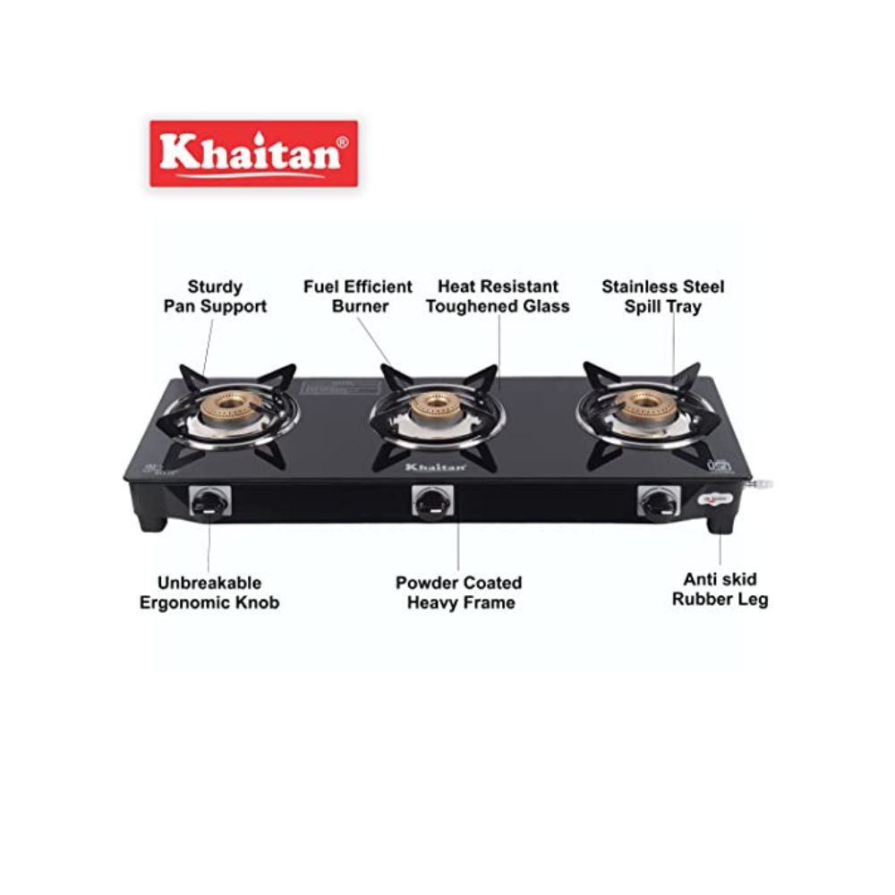 Khaitan 3 Burner BP-JIO Black Toughened Glass Top, manual Ignition LPG Gas Stove with 1 Year Warranty
