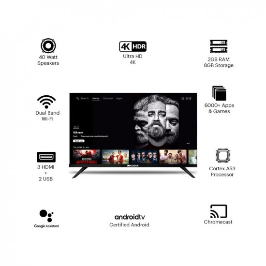 Kodak 139 cm 55 inches Bezel-Less Design Series 4K Ultra HD Smart Android LED TV 55UHDX7XPROBL Black