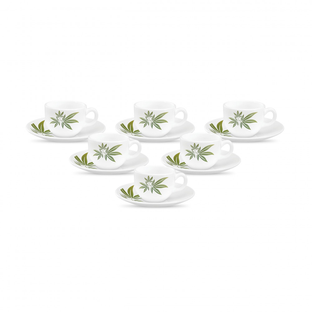 La Opala, Melody Collection, Opal Glass Coffee Cup &amp; Saucer Set Jamaica 12 pcs, Trinty Green, White