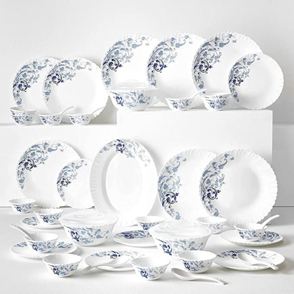 Larah by BOROSIL Blue Eve Silk Series Opalware Dinner Set, 47 Pieces, White