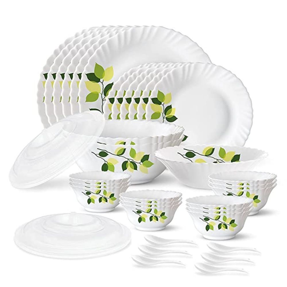 Larah by Borosil Green Leaves Silk Series Opalware Dinner Set, 35 Pieces, White