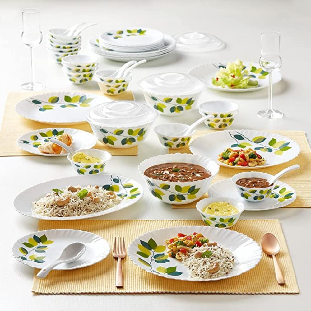 Larah by BOROSIL Green Leaves Silk Series Opalware Dinner Set, 47 Pieces, White