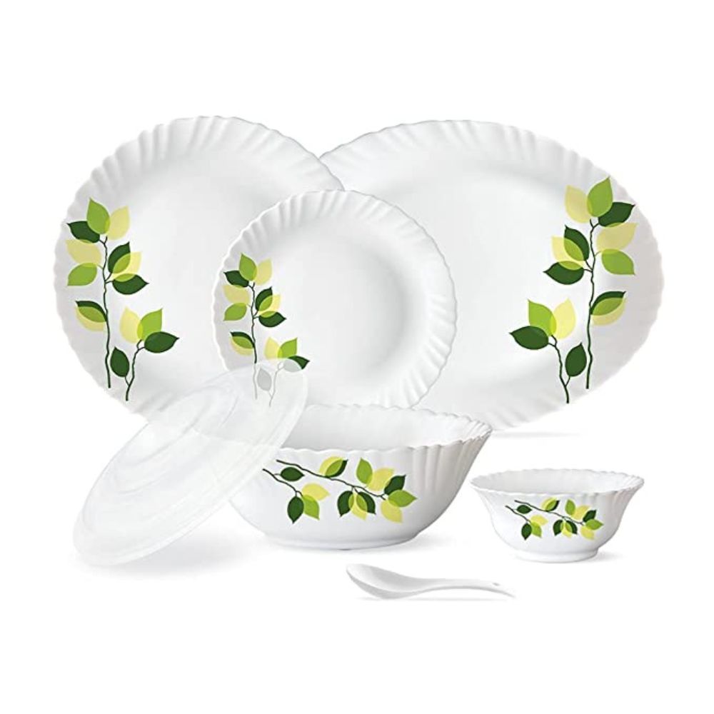 Larah by BOROSIL Green Leaves Silk Series Opalware Dinner Set, 47 Pieces, White