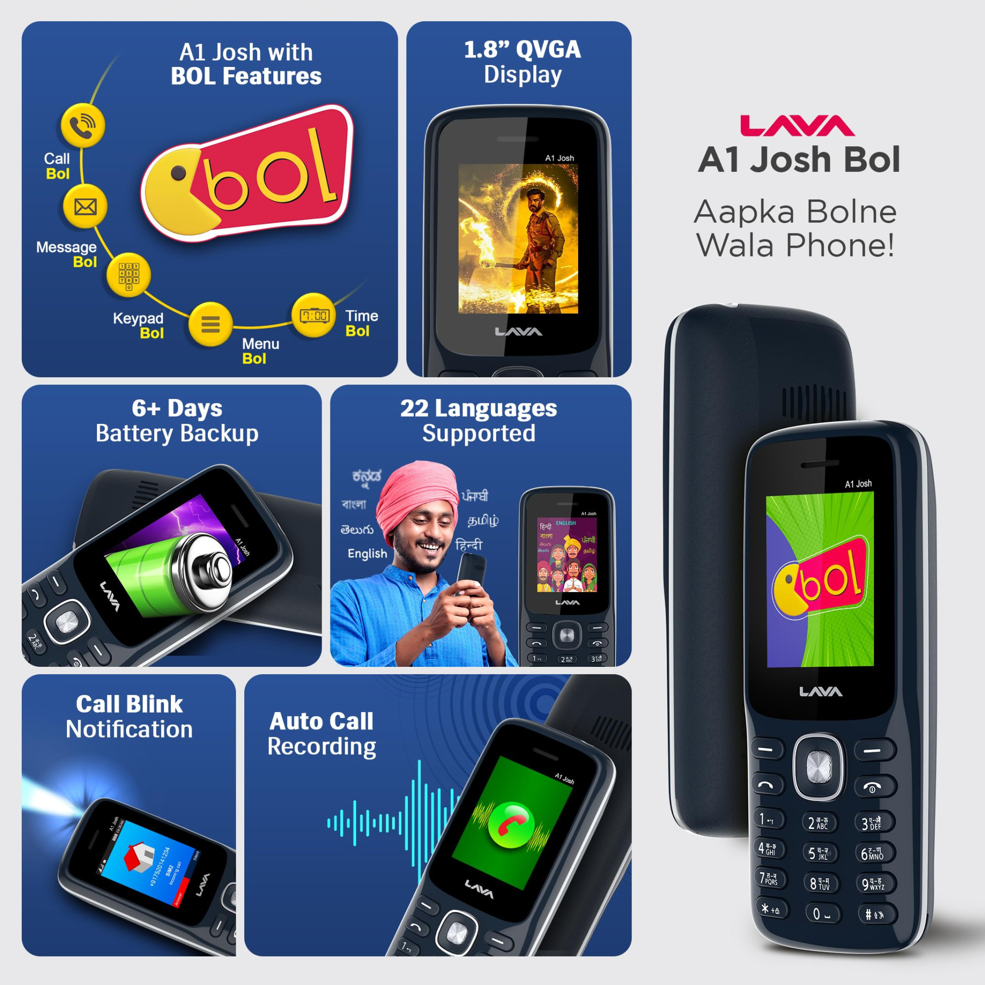 Lava A1 Josh with BOL Feature Dual Sim Keypad Mobile Phone  Long-Lasting Battery 22 Launguages Read Support  Auto Call Recording  Call Blink Notification Blue Silver