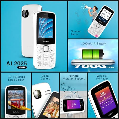 Lava A1 Vibe 2025 Dual SIM Keypad Phone with 2 Big Display  Long-Lasting AI Battery  Vibration Alert  FM Radio  MP3 Player  Military-Grade Durability  White