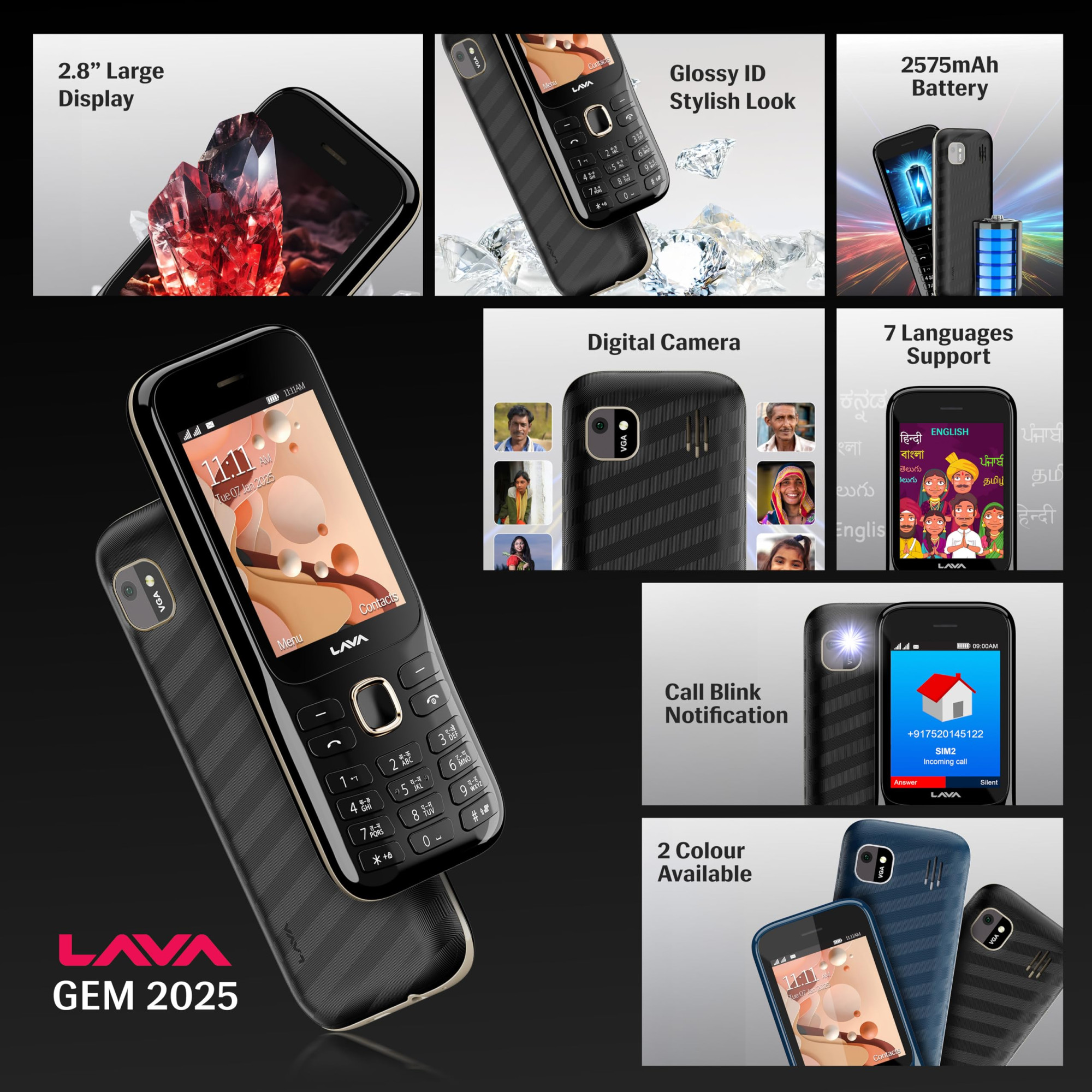 Lava Gem 2025 Dual Sim Keypad Phone 28 Display Camera  Flash  2575mAh Smart AI Powerful Battery  Wireless FM  Recording  Stereo Speakers  Call Recording Black Gold