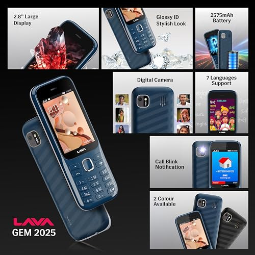 Lava Gem 2025 Dual Sim Keypad Phone 28 Display Camera  Flash  2575mAh Smart AI Powerful Battery  Wireless FM  Recording  Stereo Speakers  Call Recording Blue Chrome