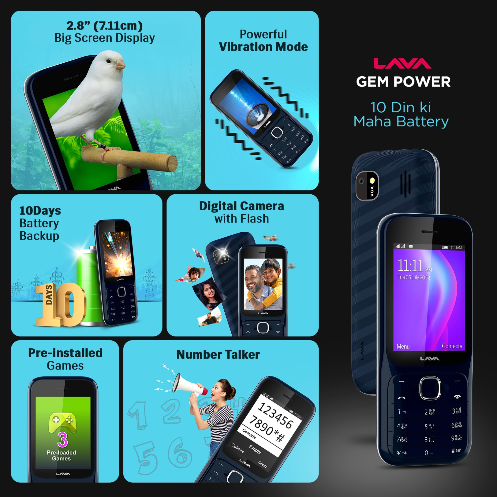 Lava Gem Power Dual Sim Keypad Phone 28 Display Camera  Flash  2575mAh Smart AI Powerful Battery  Wireless FM  Recording  7-Language Support Stereo Speakers  Call Recording Blue Chrome