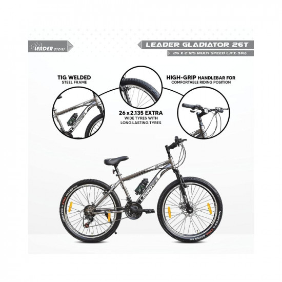 Leader Gladiator 26t Mountain Bike Multispeed (21 Speed) Gear Cycle | Free Pan India Installation| Front Suspension and Disc Brake (26T, Grey)
