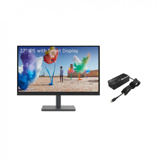 Lenovo L-Series 68.58 cm (27 inch) FHD IPS Ultraslim Monitor |16.7 Mn Colors, 75Hz, 4ms, AMD FreeSync & GX20P92532 65W AC Adapter/Charger with Power Cord for Select Models of Lenovo (Type-C Pin)
