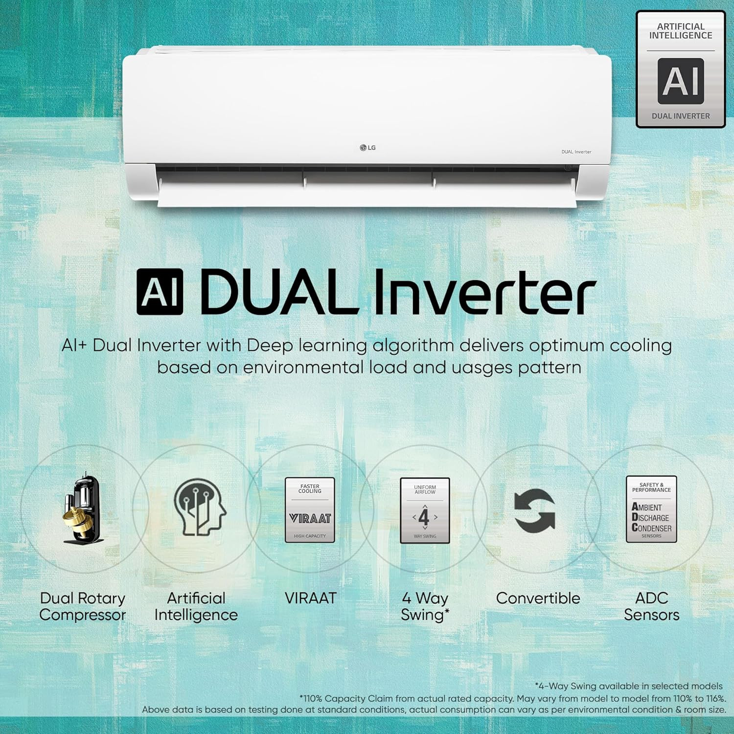 LG 1 Ton 4 Star DUAL Inverter Split AC Copper AI Convertible 6-in-1 Cooling 4 Way Swing HD Filter with Anti-Virus Protection Faster Cooling  Energy Saving TS-Q13JNYE White