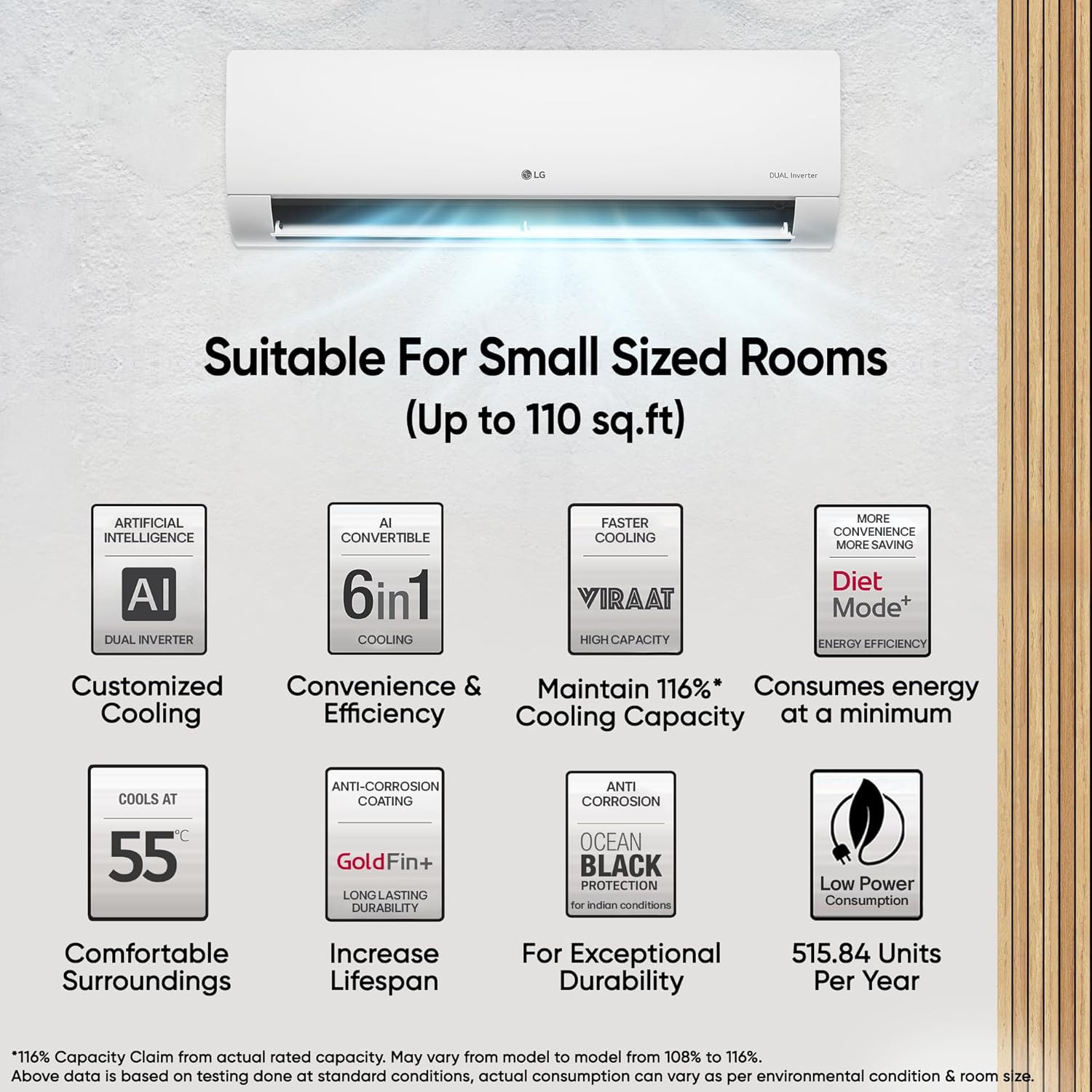 LG 1 Ton 5 Star DUAL Inverter Split AC Copper AI Convertible 6-in-1 with VIRAAT Mode Faster Cooling  Energy Saving 4 Way Swing HD Filter with AntiVirus Protection US-Q14YNZE White