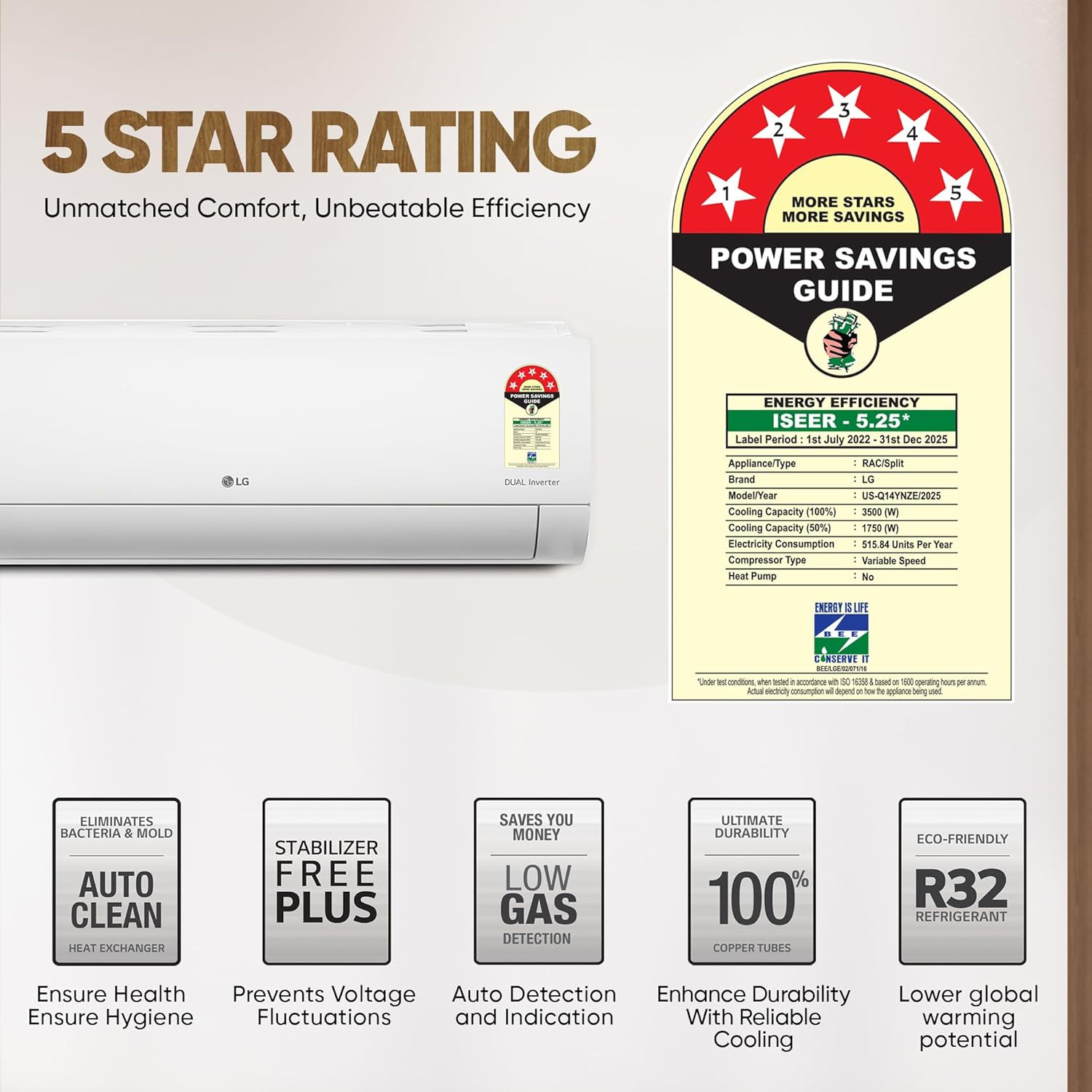 LG 1 Ton 5 Star DUAL Inverter Split AC Copper AI Convertible 6-in-1 with VIRAAT Mode Faster Cooling  Energy Saving 4 Way Swing HD Filter with AntiVirus Protection US-Q14YNZE White