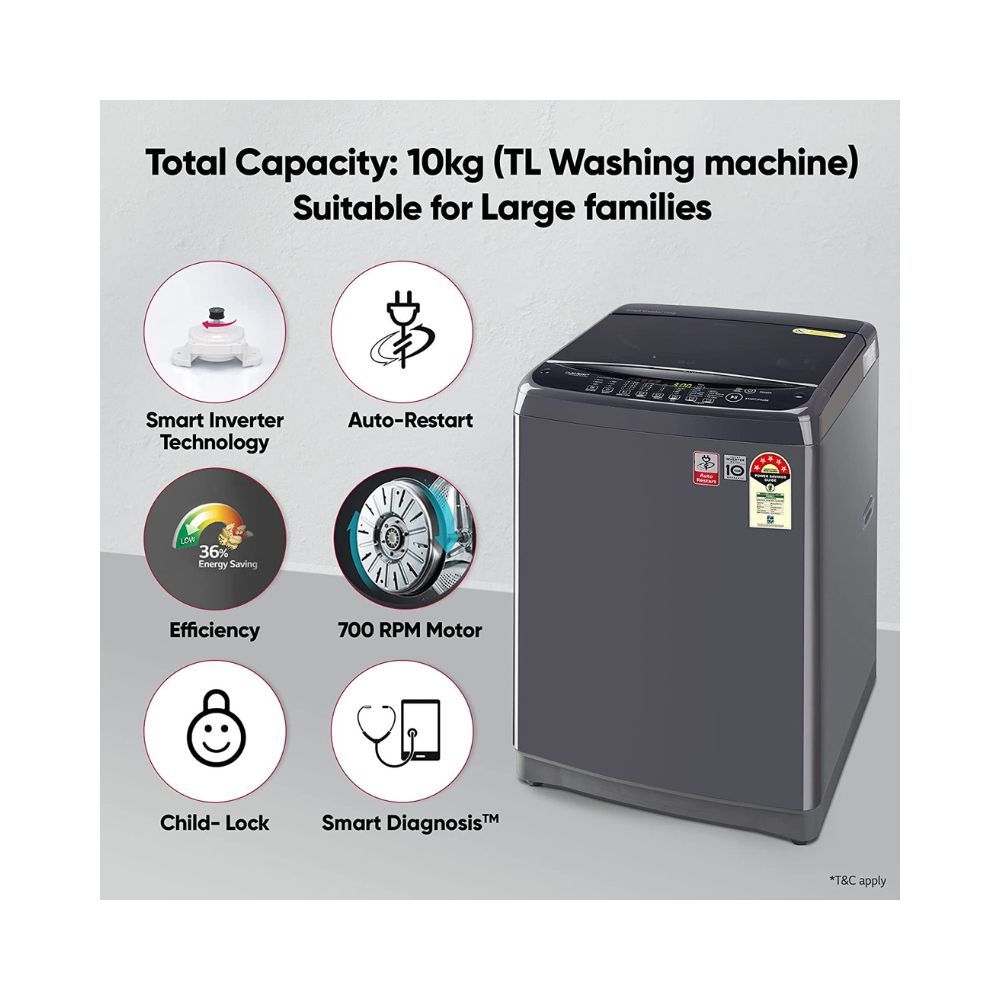LG 10 Kg 5 Star Smart Inverter Fully-Automatic Top Load Washing Machine (T10SJMB1Z, Middle Black)