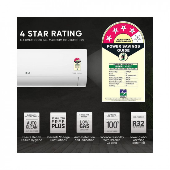 LG 1.5 Ton 4 Star AI DUAL Inverter Split AC (Copper, Super Convertible 6-in-1 Cooling, HD Filter with Anti-Virus Protection, 2023 Model, RS-Q19ENYE1, White)
