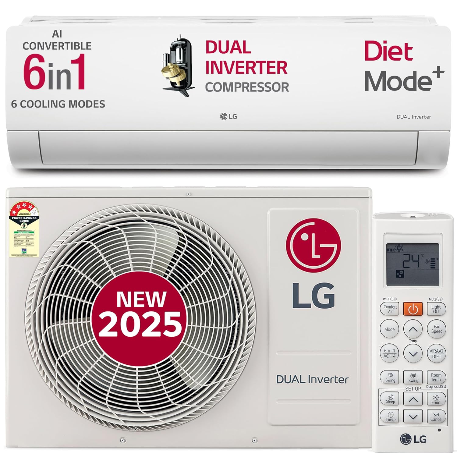 LG 15 Ton 4 Star DUAL Inverter Split AC Copper AI Convertible 6-in-1 VIRAAT Mode Faster Cooling  Energy Saving 4 Way Swing HD Filter with Anti-Virus Protection US-Q19JNYE White