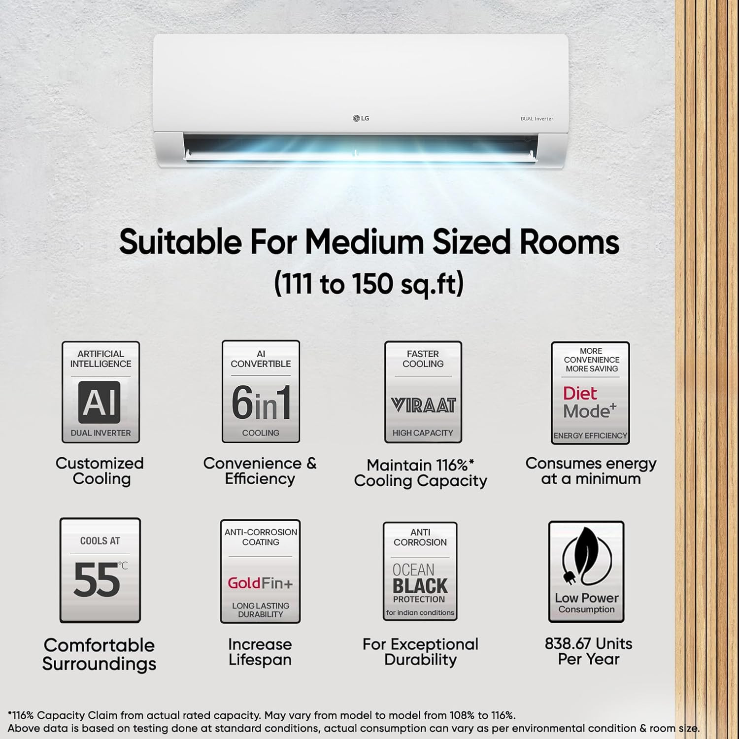 LG 15 Ton 4 Star DUAL Inverter Split AC Copper AI Convertible 6-in-1 VIRAAT Mode Faster Cooling  Energy Saving 4 Way Swing HD Filter with Anti-Virus Protection US-Q19JNYE White