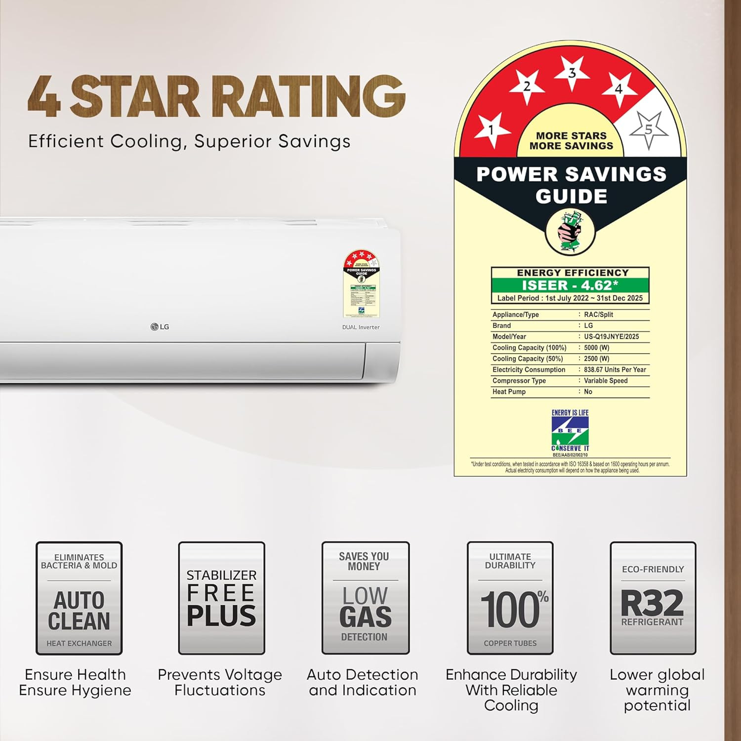 LG 15 Ton 4 Star DUAL Inverter Split AC Copper AI Convertible 6-in-1 VIRAAT Mode Faster Cooling  Energy Saving 4 Way Swing HD Filter with Anti-Virus Protection US-Q19JNYE White